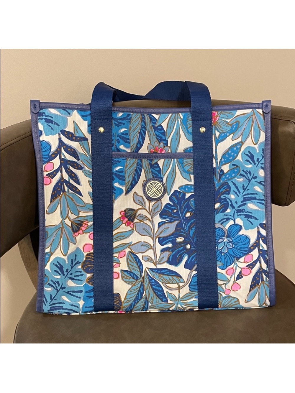Lilly Pulitzer Blue Floral Canvas Tote with Navy Handles